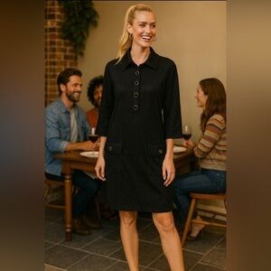 AB Studio dress w/ gold rim black buttons, front pockets and turn down collar 🖤